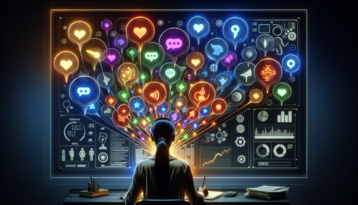 A person analyzing user feedback bubbles on a digital interface, distinguishing valuable insights from noise.