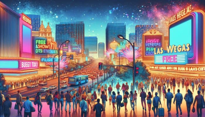 Las Vegas strip at night, budget travelers enjoying affordable entertainment and neon lights.