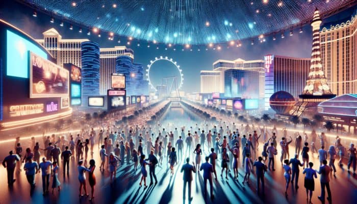 A vibrant Las Vegas night scene with people enjoying bundled entertainment deals, including a show, dining, and the High Roller Observation Wheel under neon lights.