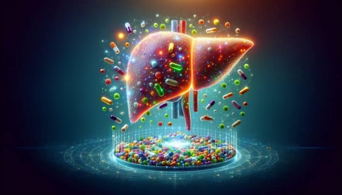 A vibrant liver surrounded by colourful supplements, efficiently eliminating toxins.