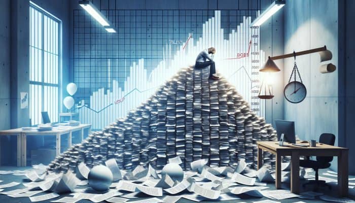 Person overwhelmed by rising debt, surrounded by bills and a soaring DTI ratio graph in a cluttered office.
