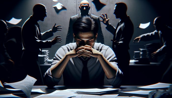 Risks of Cosigning a Debt Consolidation Loan: Key Concerns | DCL A distressed person surrounded by menacing debt collectors in a dark office, with looming shadows and legal documents.
