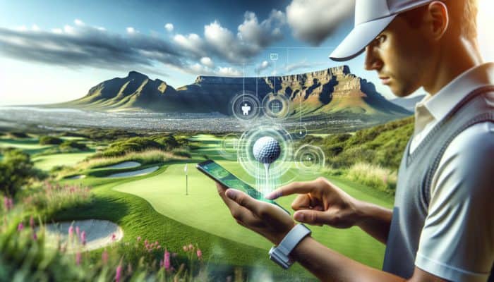 South African golfer using an app on course with Table Mountain, enhancing gameplay with customized routines.