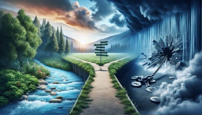 Debt Consolidation vs Debt Forgiveness Myths: UK Edition | DCL A person at a crossroads: one path to a clear river for debt consolidation, the other to a broken chain in a stormy landscape for debt forgiveness.
