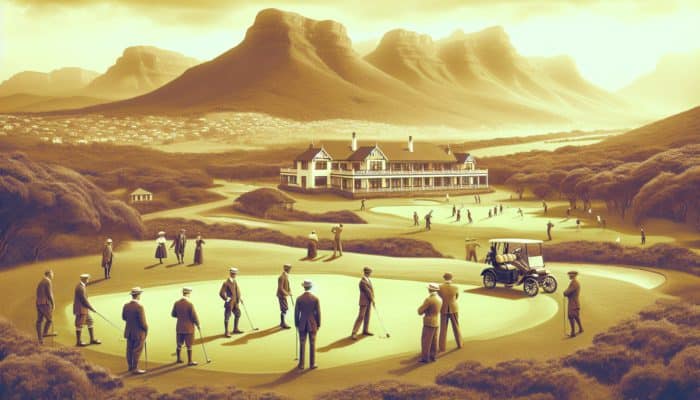 Early 20th-century golfers at Empangeni Country Club, KwaZulu-Natal, enjoying the lush green fairways and stunning landscapes.