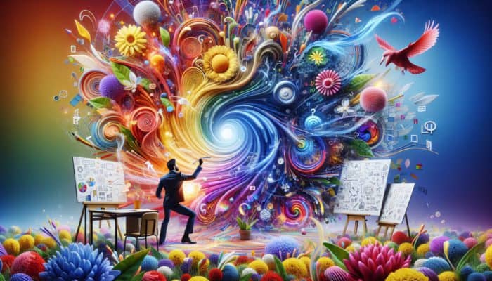 A content creator amidst colourful, swirling ideas and blooming flowers, symbolising fresh content strategies.