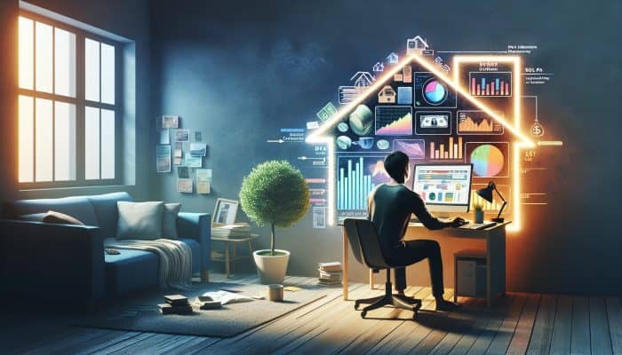 How Remote Work Affects Debt Consolidation: UK Insights | DCL A person in a modern home office studying financial literacy online, surrounded by charts on remote work trends and debt consolidation.