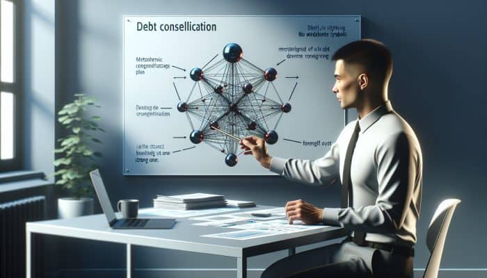 Financial advisor explaining a debt consolidation plan to an interested client at his desk, with financial graphs.