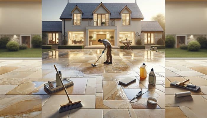 UK home's travertine floor being cleaned and sealed for maintenance and shine.