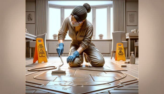 Person in protective gear cleaning travertine floor, testing solution, with warning signs in UK home.