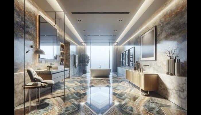 Luxurious bathroom with unique travertine flooring, showcasing varied colors and patterns, enhancing elegance.