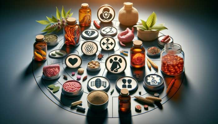 Herbal remedies with caution symbols showing side effects like rashes and gastrointestinal issues, and drug interaction warnings.