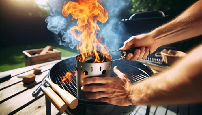 Hands using a chimney starter to light charcoal on a rustic grill, flames and smoke in a sunny backyard.