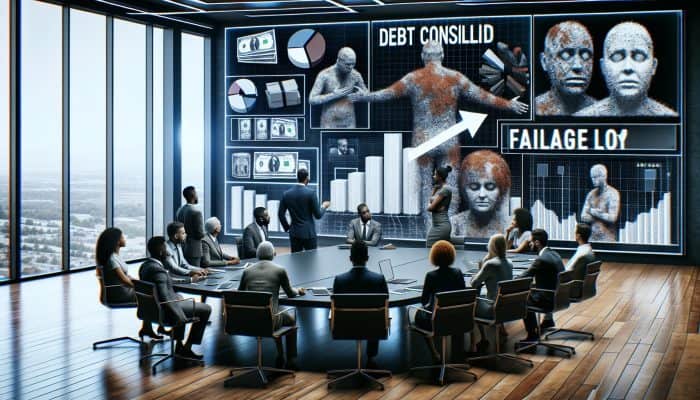 Real-Life Debt Consolidation Loan Failures: UK Case Studies | DCL Diverse financial experts analysing failed debt consolidation loan cases on a chart in a modern conference room.