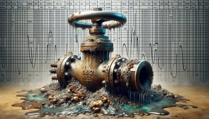 A corroded water valve with leaks, surrounded by sediment, against temperature gauges.