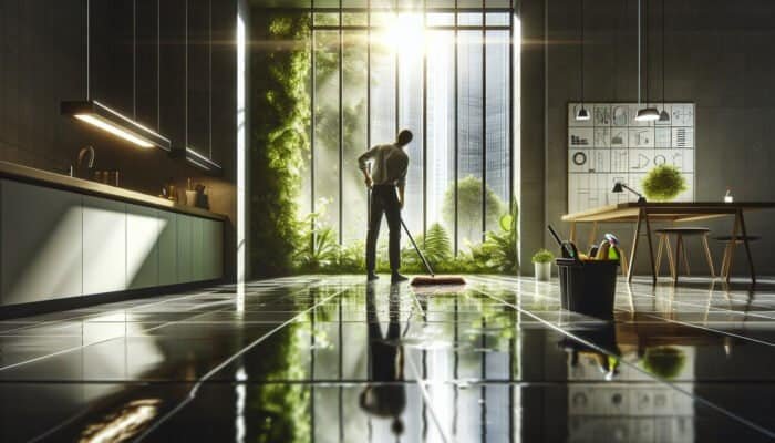 Cleaning Slate Floors Naturally in West Dunbartonshire: Person in West Dunbartonshire cleaning slate floors with eco-friendly solutions, natural light, and greenery visible.