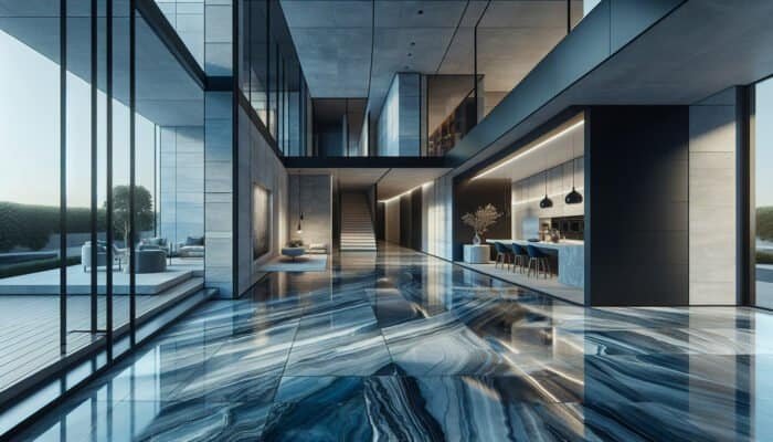 Belgian Blue Limestone: Belgian Blue limestone flooring in a modern East Renfrewshire home, showcasing polished and honed textures.