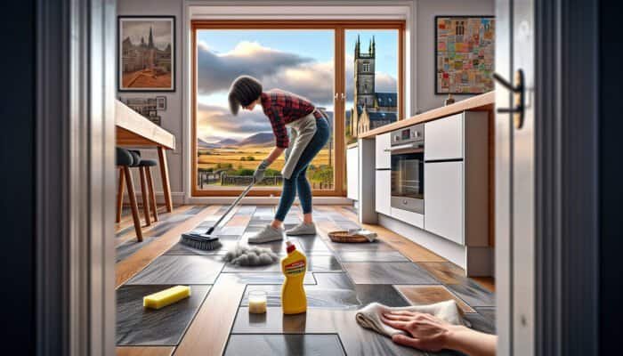Grout Haze Removal for Tiles: A person cleaning grout haze from kitchen floor tiles in West Dunbartonshire, with Scottish architecture in the background.