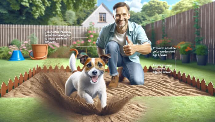 Jack Russell Terrier digging in designated sand pit, owner nearby giving thumbs-up.