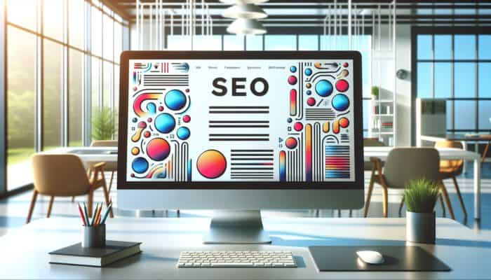 A modern website on a computer screen, optimized for SEO, in a bright office.