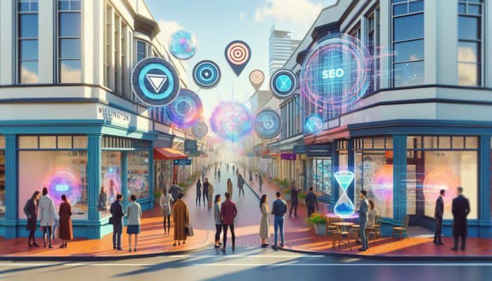 A Wellington street scene with small shops showing SEO analytics, experts discussing, and customers using digital interfaces.