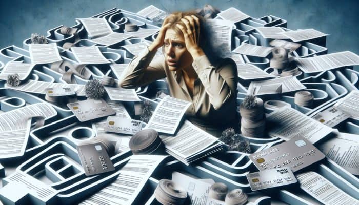 Person overwhelmed by bills and credit cards, navigating debt consolidation path into financial pitfalls.