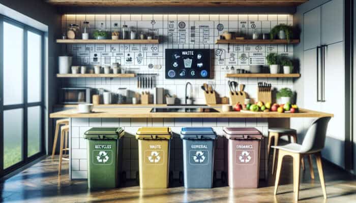 Modern UK kitchen with colour-coded bins, compost bin, shredder, smart bins, and waste sorting app on tablet.
