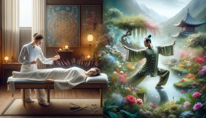 A person receiving acupuncture transitioning to Tai Chi in a tranquil garden, symbolising health and stress relief.