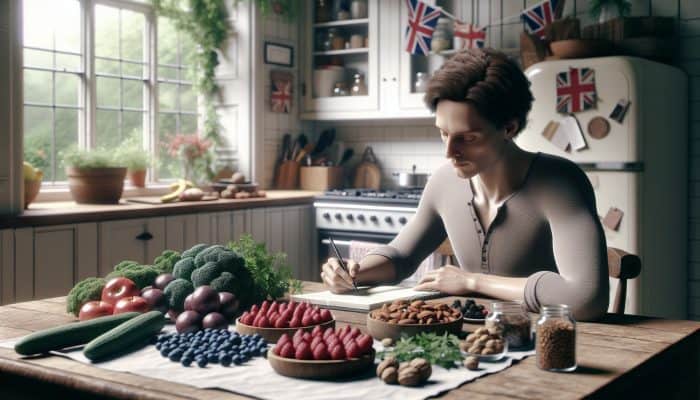 A person in the UK writing in a food diary at a kitchen table, surrounded by healthy anti-inflammatory foods like berries, nuts, and leafy greens.
