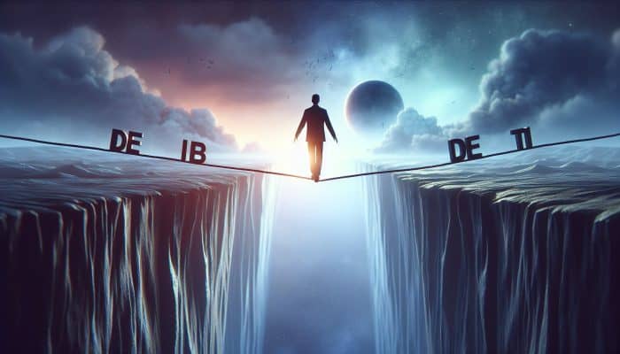 A person on a tightrope between "Debt Consolidation" and "More Debt," illustrating financial risks in the UK.