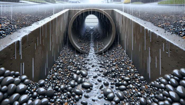 A well-maintained French drain system in South Vancouver with clear pipes, neat gravel, and an unobstructed outlet on a rainy day.
