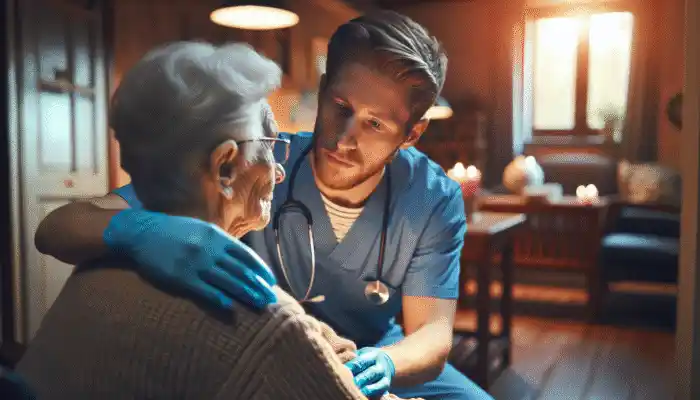 Care home staff member in blue gloves assisting elderly resident, focus on gloves and compassionate interaction.