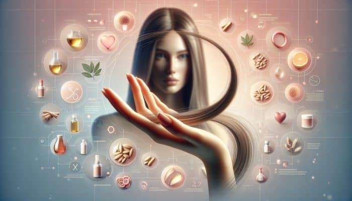A hand holding a weak hair strand with nourishing oils and hair care products on a pastel background.