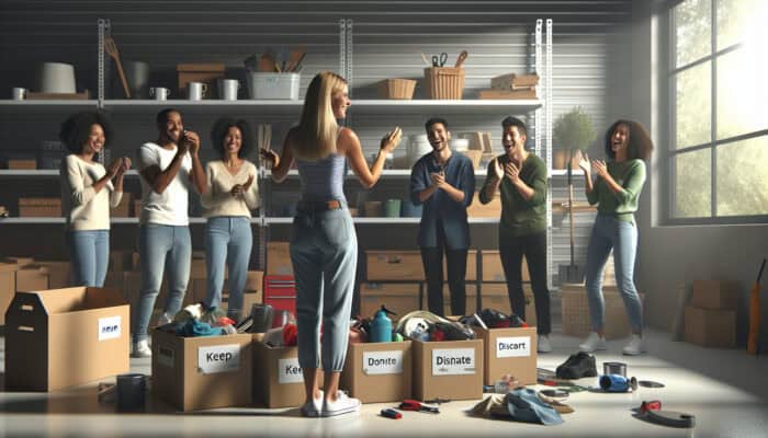 A woman in Kent garage sorting items into 'keep', 'donate', 'discard' piles, with friends, celebrating organized space.