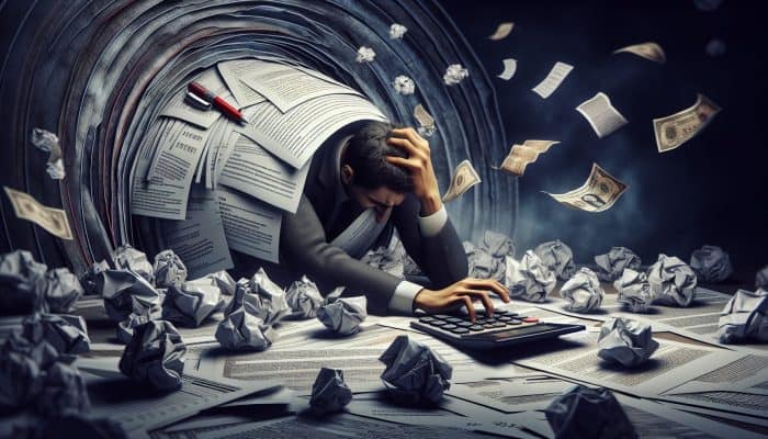 Person overwhelmed by bills and paperwork, stressed by loan terms and hidden fees, with a looming debt cycle.