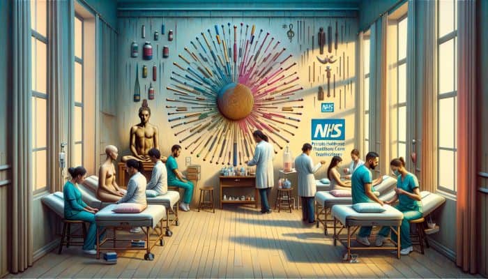 A serene acupuncture clinic with NHS and private logos, diverse patients receiving treatment with traditional and modern equipment.