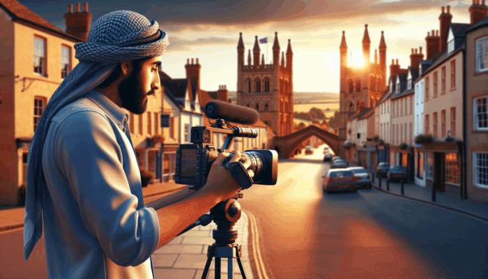 A person with camera and tripod filming historic buildings and scenic landscapes in Tiverton at golden hour.