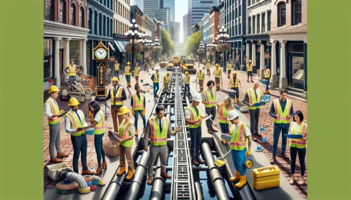 A skilled team working on drainage systems in Gastown, Vancouver, with the iconic steam clock in view.