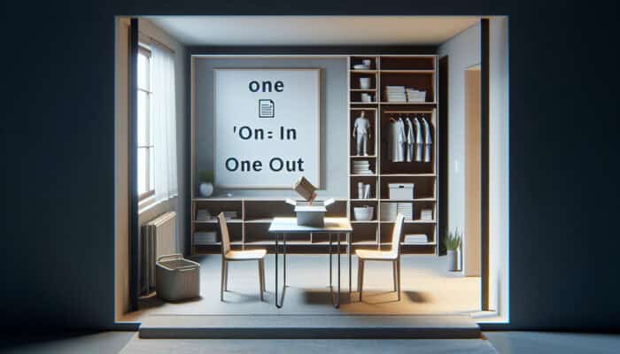 A minimalist home demonstrating the one in, one out rule with serene, tidy surroundings and organized storage.