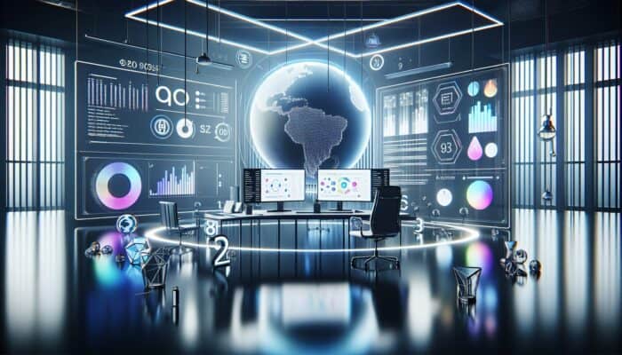A modern computer setup with multiple screens showing SEO analytics, keywords, and a holographic globe in a futuristic office.