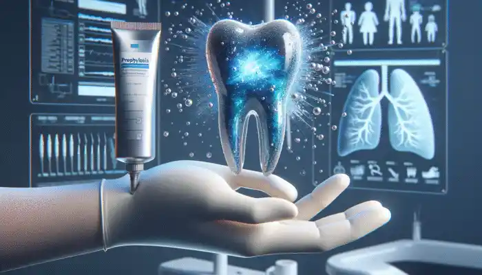 Prophylaxis Paste in Dentistry: A dentist's hand with prophylaxis paste tube, reflecting clean tooth in a modern UK clinic.