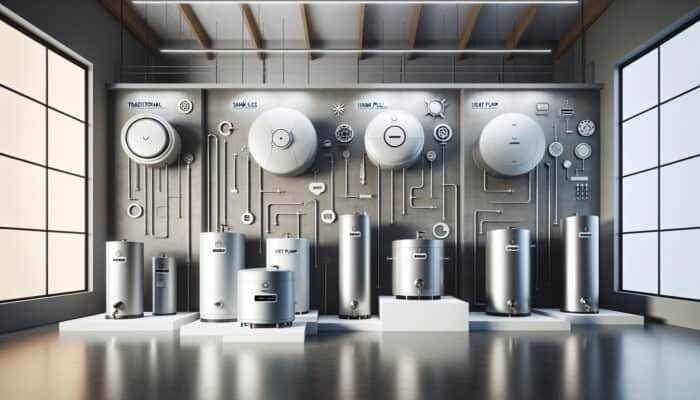 Hot Water Tank Services in Ladner Delta: A variety of hot water tanks in a modern showroom: conventional, tankless, heat pump models.