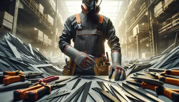 Cut Resistant Safety Gloves in London: A worker wearing cut-resistant gloves handling sharp tools safely on a construction site.
