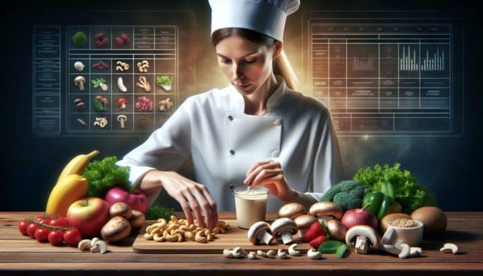 A vegan chef selects cashews and mushrooms for foie gras, emphasizing umami and nutrition, with local produce.