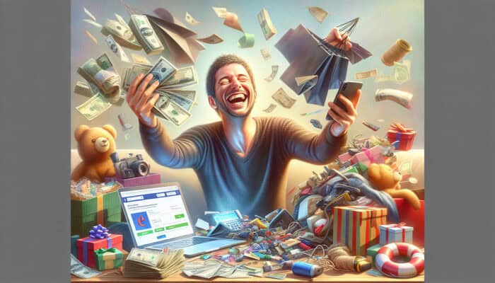 A person decluttering, selling items online, with cash and holiday gifts, showing financial savings.