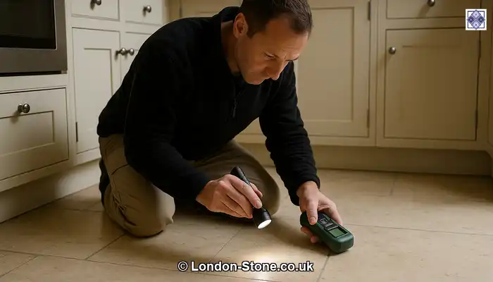 Stone specialist inspecting a limestone kitchen floor to identify porosity, surface wear, and the safest restoration route.