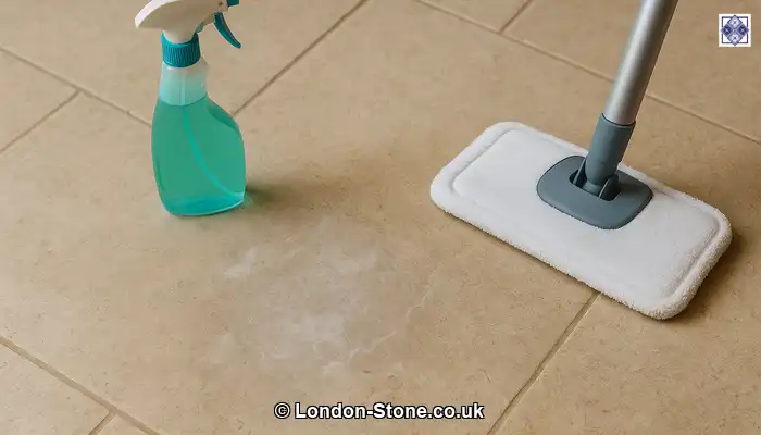 Dulled limestone tiles with light etching and patchiness after repeated use of strong cleaners and steam mopping.