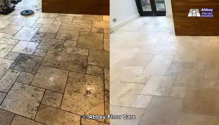 Travertine with soiled grot lines before and after professional restoration by Abbey Floor Care