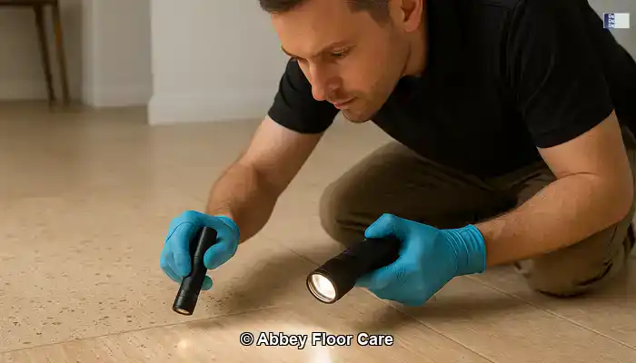 Technician assessing vein cut travertine for pitting, moisture, and surface wear.