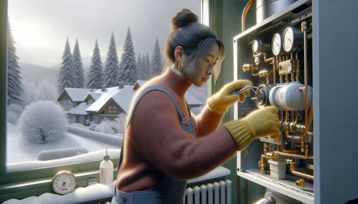 Technician in Port Coquitlam inspecting and maintaining boiler for safety and efficiency in snowy conditions.